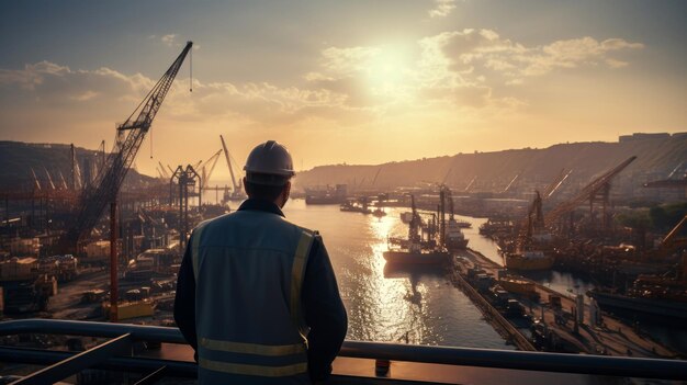 parte de atrás del ingeniero con el sitio de construcción