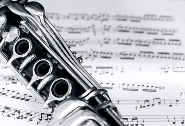 Parte del cuerpo del clarinete en una partitura con notas impresas