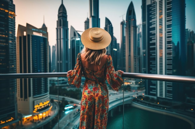 Parte de trás da mulher de chapéu apreciando o horizonte de Dubai Generative AI