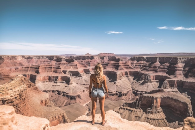 Parte de trás da mulher loira sexy usa shorts jeans no Parque Nacional do Grand Canyon EUA Generative AI