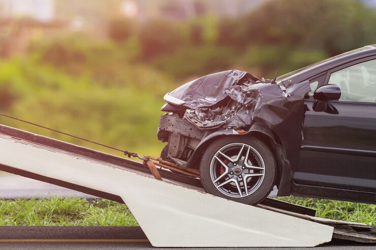 La parte delantera del coche negro se daña por accidente en la carretera.