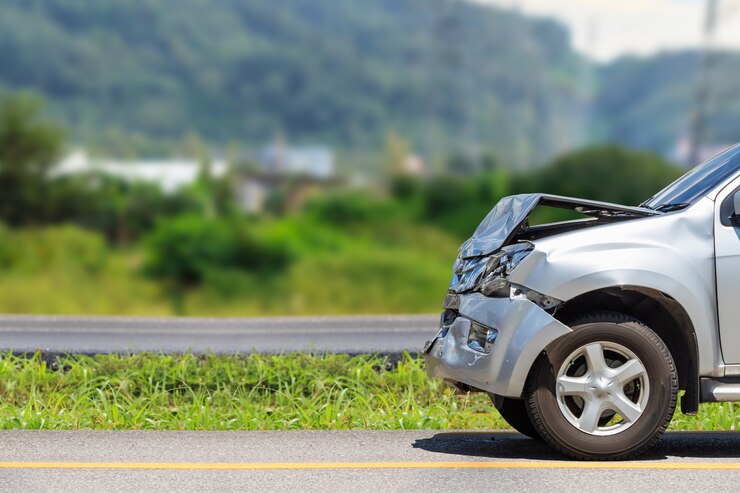 La parte delantera del coche plateado se daña por un accidente en la carretera