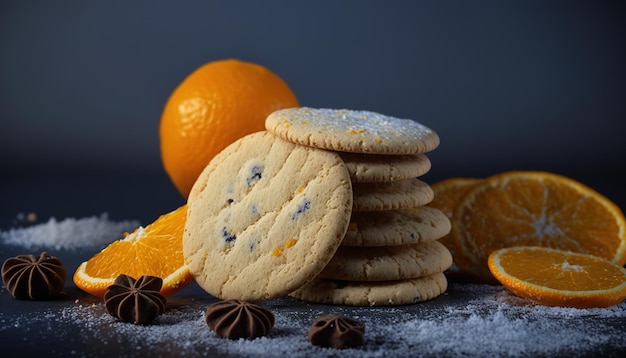 En la parte delantera galletas de frutas dulces galletas de cítricos galletas de arena de azúcar con naranjas recién cortadas