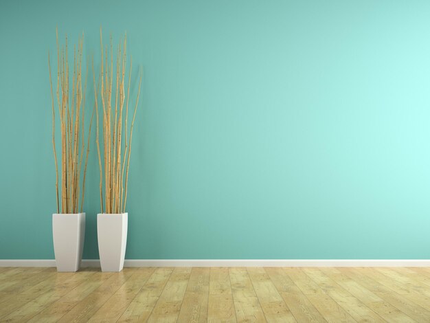 Foto parte do interior com parede azul e vasos de renderização em 3d