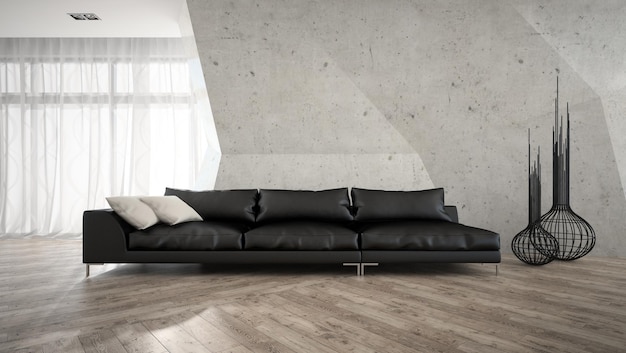Parte do interior elegante com renderização em 3D sofá preto