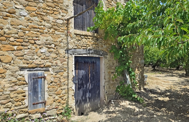 Parte del edificio antiguo con ltrees en un huerto en el sur de Francia.