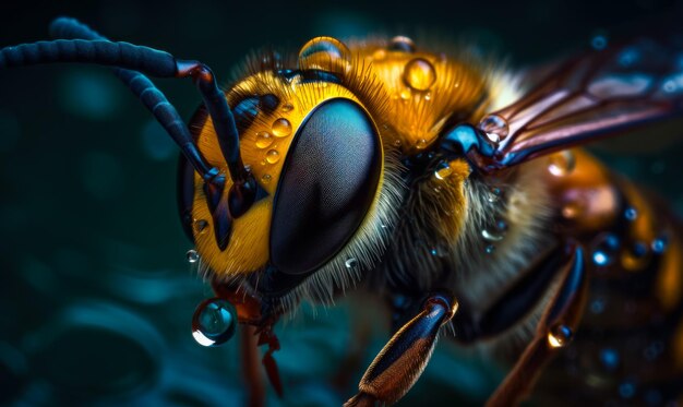 Parte frontal de la abeja obrera Toma macro de un insecto útil en gotas de agua Fondo borroso IA generativa