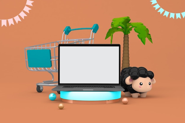 Foto parte frontal do laptop e carrinho de compras em fundo laranja