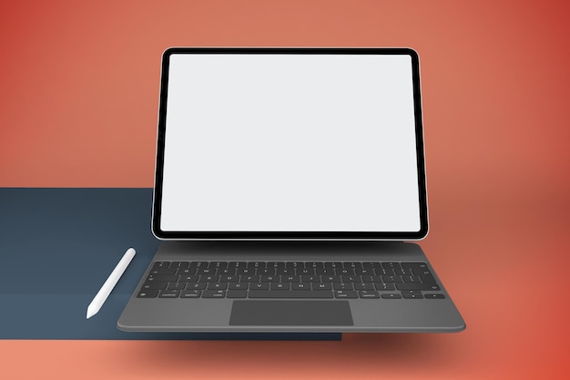 Parte frontal do tablet e teclado mágico em fundo vermelho