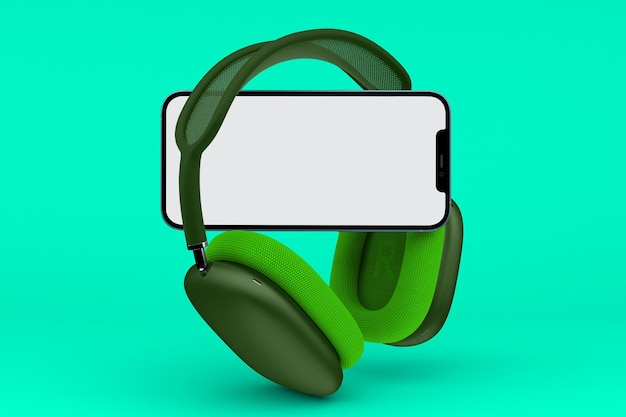 Foto parte frontal do telefone e fones de ouvido isolada em fundo verde