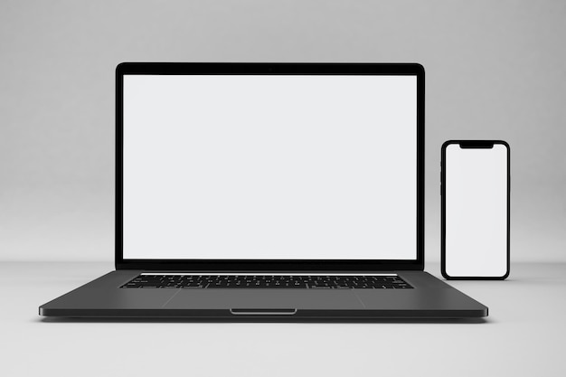 Parte frontal do telefone e laptop isolada em fundo branco