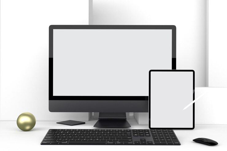 Foto parte frontal de pc y tableta en fondo blanco