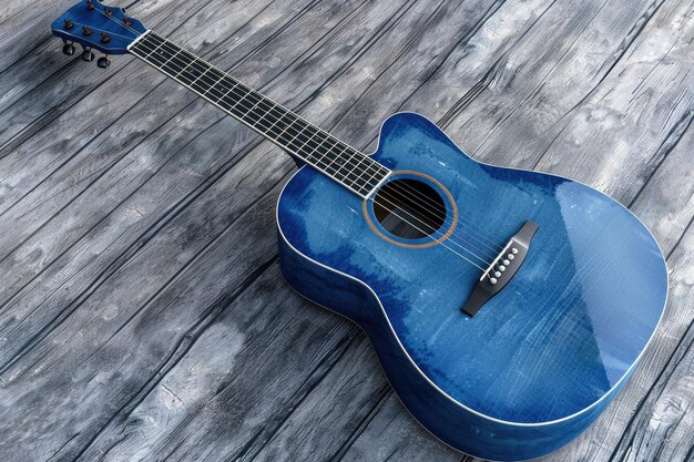 Foto parte de una guitarra acústica azul sobre un fondo de madera gris