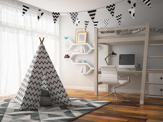 Parte del interior con renderizado 3D wigwam