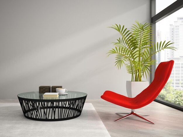 Parte del interior con representación 3D de sillón rojo