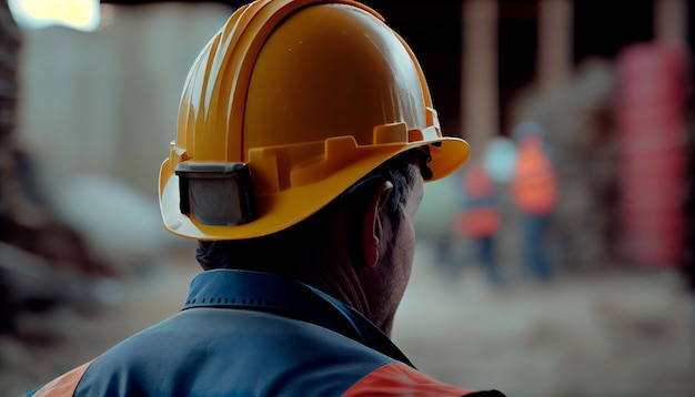 En la parte posterior de la cabeza del trabajador de la construcción está usando el casco de seguridad IA generativa