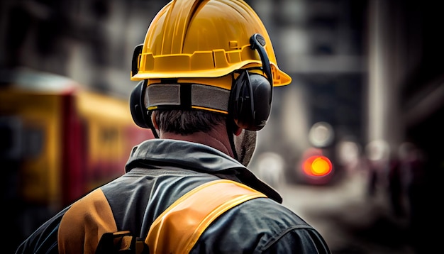 En la parte posterior de la cabeza del trabajador de la construcción está usando el casco de seguridad IA generativa