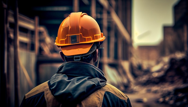 En la parte posterior de la cabeza del trabajador de la construcción está usando el casco de seguridad IA generativa