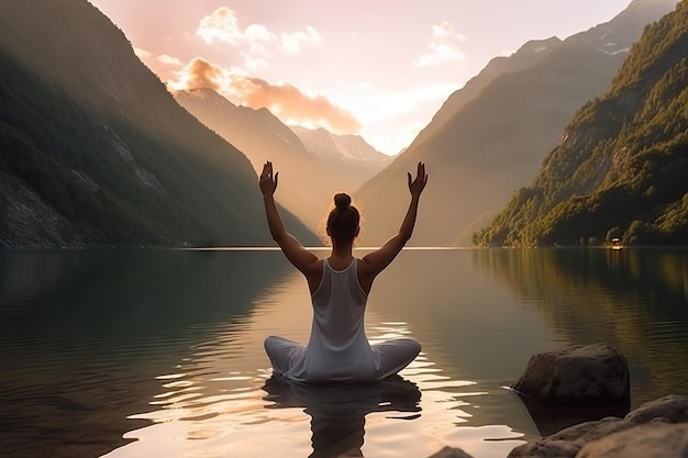 La parte posterior de la mujer está practicando yoga en un lago de montaña limpio al atardecer AI generativa