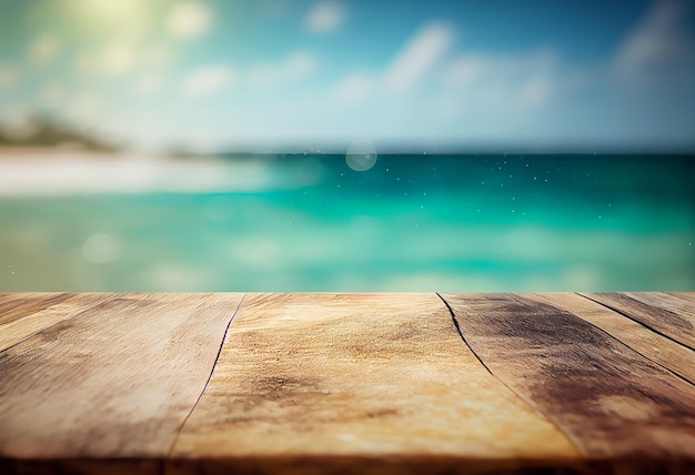 Parte superior da mesa de madeira com seascape e folhas de palmeira Vazio pronto para o conceito de fundo de férias de verão de montagem de exibição de produto