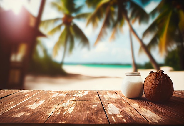 Parte superior de la mesa de madera con paisaje marino y hojas de palma Vacío listo para su montaje de exhibición de productos concepto de fondo de vacaciones de verano