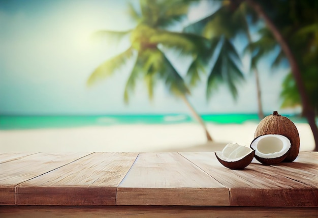 Parte superior de la mesa de madera con paisaje marino y hojas de palma Vacío listo para su montaje de exhibición de productos concepto de fondo de vacaciones de verano
