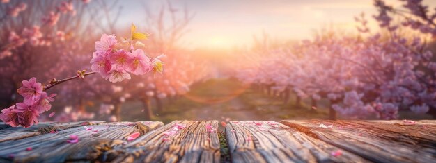 la parte superior de la mesa de madera vacía rama de manzana flor de cereza flor de cerezo jardín de ciruela en el fondo m