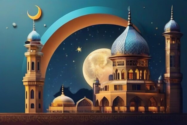 La parte superior de la mezquita con la luna para el festival de Ramadán o Eid