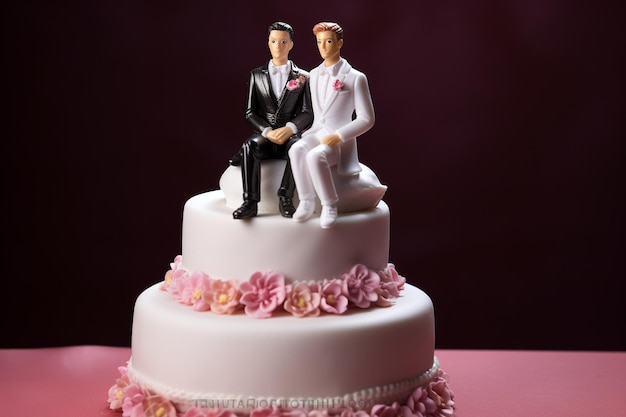 La parte superior del pastel de boda con dos novios estatuillas de una pareja gay concepto de matrimonio gay Samesex matrimonio gay dulces y decoraciones de boda