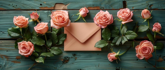 En la parte superior de una tabla de madera en mal estado de fondo rosas rosas se acompañan de una tarjeta de sobre con texto de saludo y caja de regalo diseño plano