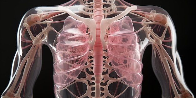 parte superior transparente del cuerpo humano con huesos sobre un fondo negro