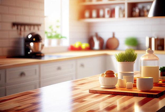 Parte superior vacía de la mesa de madera Sala de cocina con muebles blancos como fondo borroso Utensilios de cocina generativos Ai Art