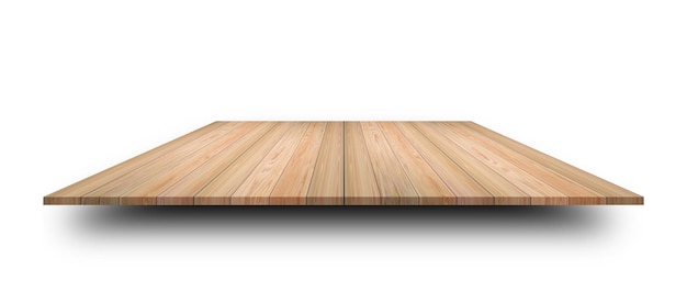La parte superior vacía de una mesa o mostrador de madera aislada sobre un fondo blanco para la exhibición o el diseño de productos