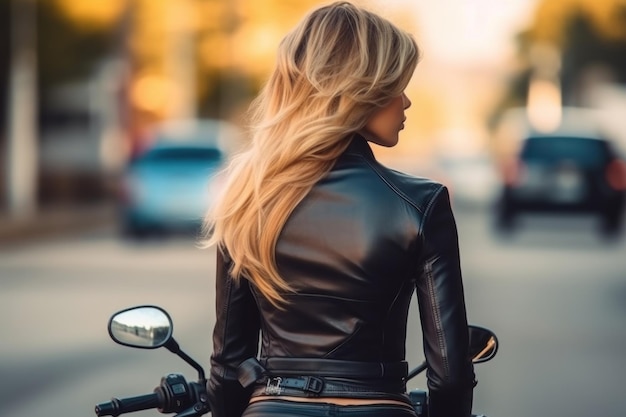Parte traseira da motociclista loira em uma jaqueta de couro em uma motocicleta Generative AI