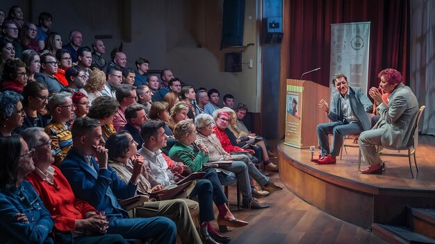 La parte trasera de la audiencia sentada y escuchando a los oradores en el escenario