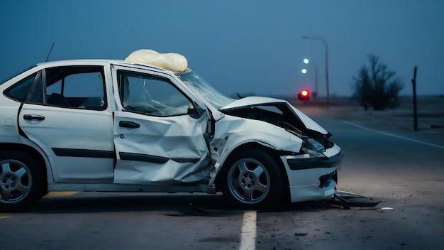 La parte trasera de un coche blanco dañado por un accidente en la carretera