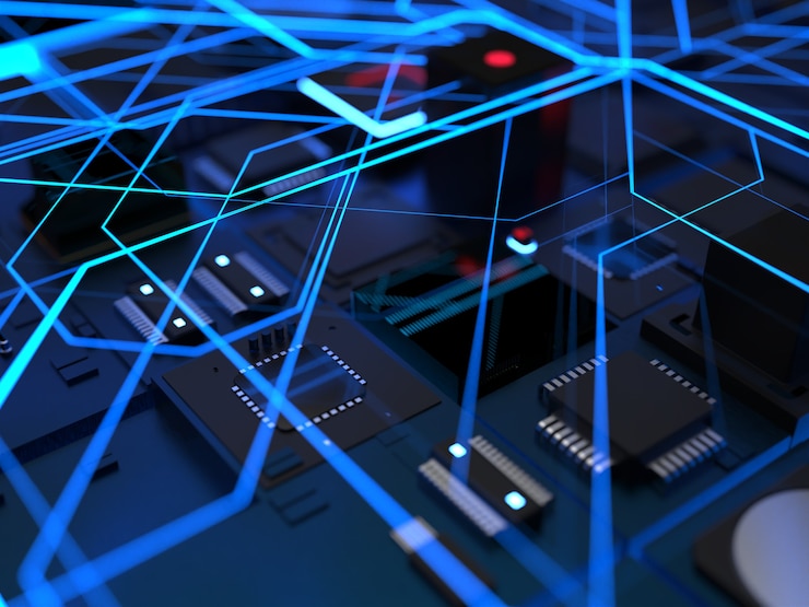Foto partes y chips de computadora en un resplandor azul brillante
