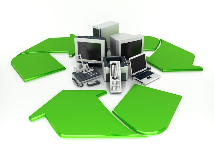 Foto partes de computadoras viejas y electrónica que se encuentran en el centro del símbolo de reciclaje