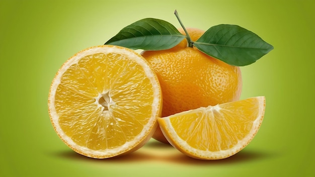 Partes cortadas de naranja y fruta entera con hojas verdes