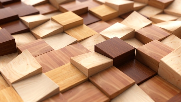Las partes cuadradas de madera del mosaico tienen diferentes alturas Objetos geométricos lisos Madera oscura y clara