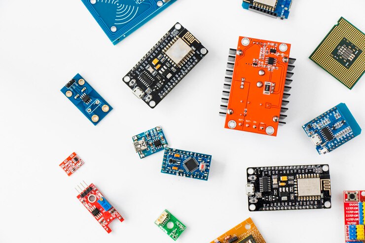 Foto partes espaciales microprocesador y microchips fondo y textura de las partes eléctricas