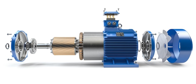 Partes y estructura del motor eléctrico aisladas sobre fondo blanco