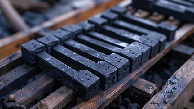 Partes metálicas negras en una mesa de madera Las partes son largas y rectangulares con agujeros en ellas están dispuestas en una fila