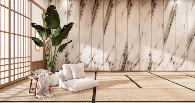 Partición japonesa en el interior tropical de la habitación con piso de tatami y pared de azulejos ganite