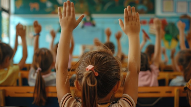 Participación activa en la lección de la escuela primaria levantando la mano