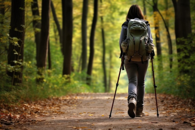 Participando en la caminata nórdica, una mujer con palos demuestra los beneficios de esta vigorizante actividad al aire libre para la salud