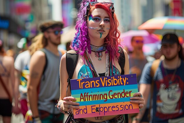 Participante en el desfile del orgullo que promueve la visibilidad trans