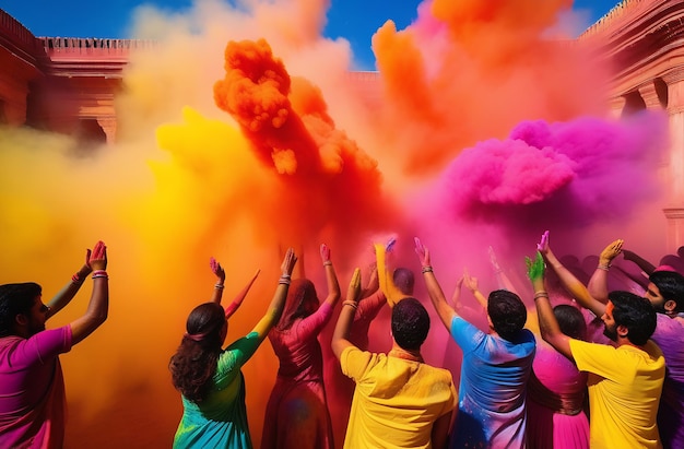 Los participantes en el festival de Holi celebran arrojándose polvos de colores y agua el uno al otro