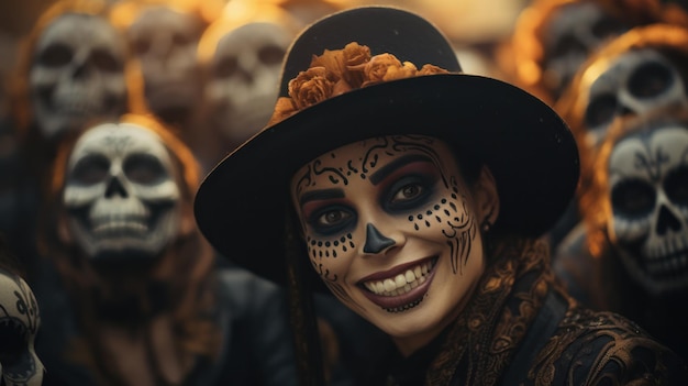 Participantes sonrientes en un desfile del Día de los Muertos con maquillaje festivo