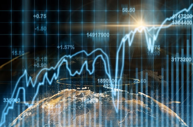 Partícula abstracta de la tierra del planeta sobre el gráfico del mercado de valores